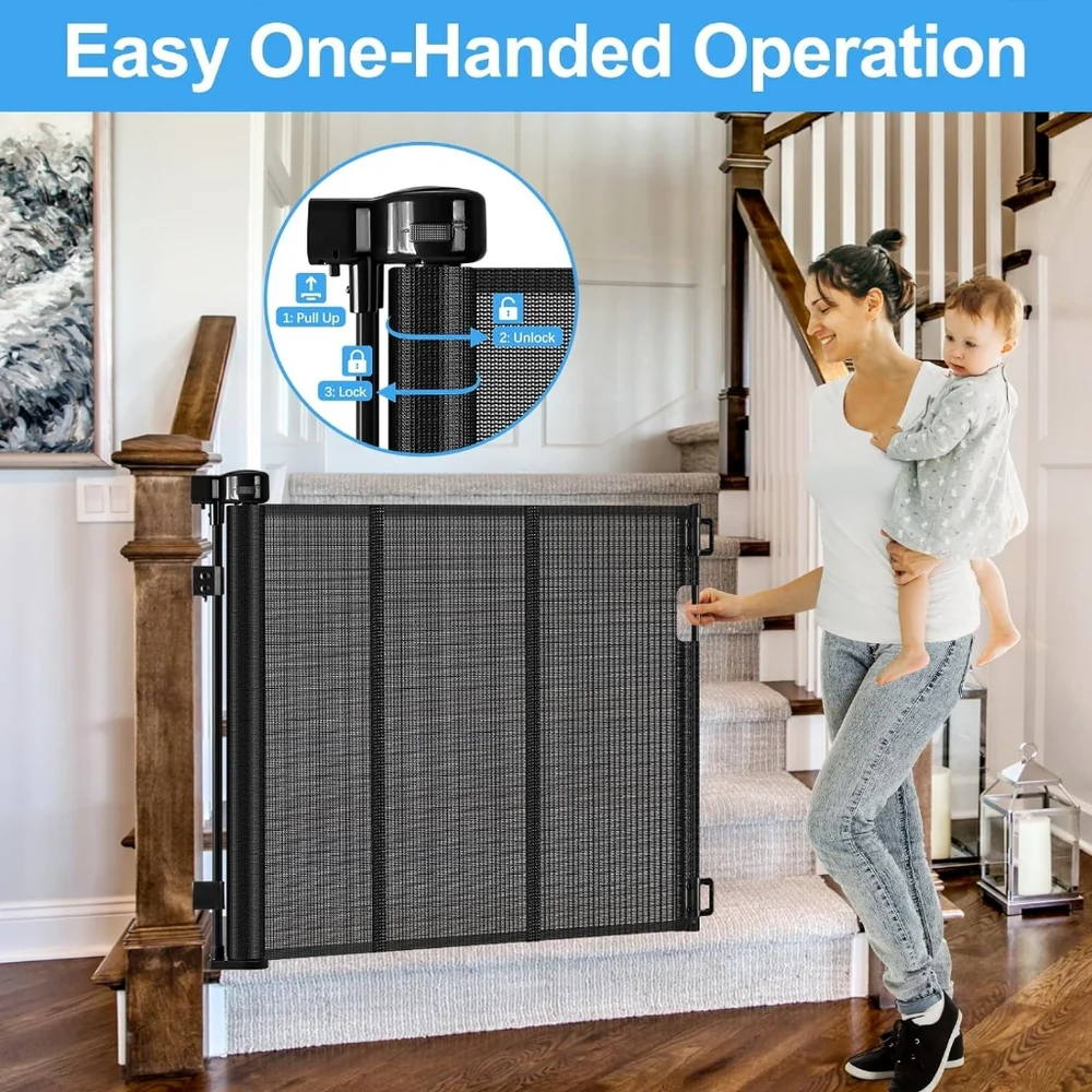 Enhanced 55-Inch Retractable Dog Gate for Stairs, Retractable Baby Gates for Doo